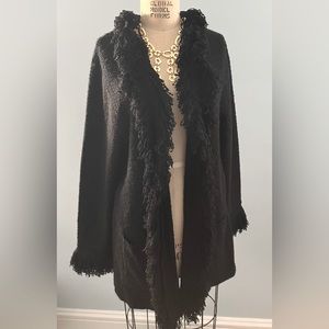 Dialogue XL cardigan sweater with fringe on sleeves and collar